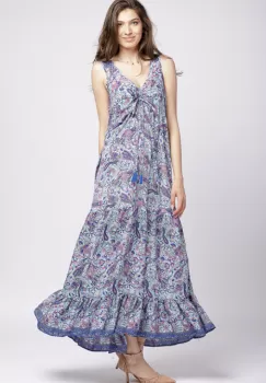 Rochie lunga din matase indiana cu volane si imprimeu arabesque albastru imagine