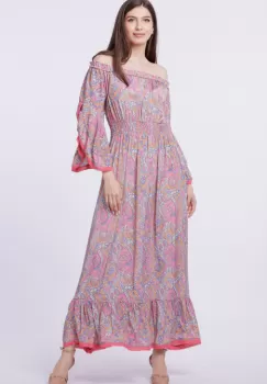 Rochie lunga din matase indiana, pe umeri, cu maneci ample, roz imagine