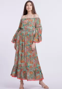 Rochie lunga din matase indiana, pe umeri, cu maneci ample, verde-corai imagine