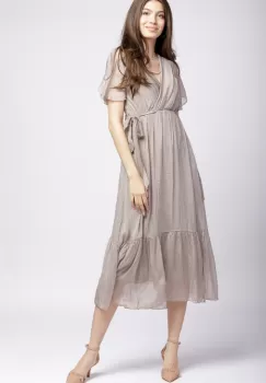 Rochie lunga din matase naturala cu bust petrecut, bej imagine