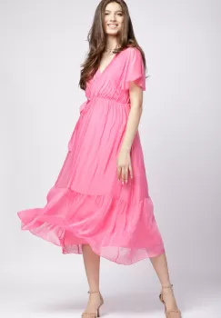 Rochie lunga din matase naturala cu bust petrecut, roz imagine