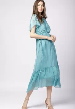 Rochie lunga din matase naturala cu bust petrecut, turcoaz pastelat imagine