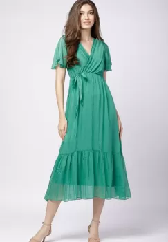 Rochie lunga din matase naturala cu bust petrecut, verde imagine