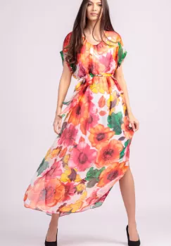 Rochie lunga din matase naturala, cu imprimeu floral pe fond fucsia, cu cordon imagine