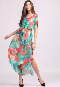 Rochie lunga din matase naturala, cu imprimeu floral pe fond turcoaz, cu cordon imagine