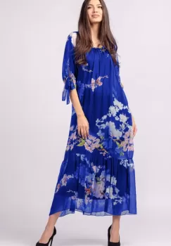 Rochie lunga din matase naturala, cu imprimeu flori de cires pe albastru imagine