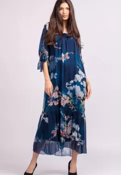 Rochie lunga din matase naturala, cu imprimeu flori de cires pe fond bleumarin imagine