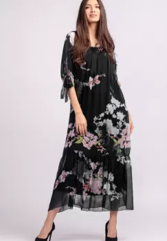 Rochie lunga din matase naturala, cu imprimeu flori de cires pe fond negru imagine