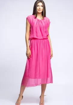 Rochie lunga din matase naturala fucsia, cu snur in talie imagine