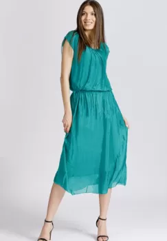 Rochie lunga din matase naturala turcoaz, cu snur in talie imagine