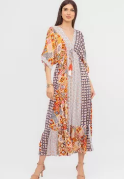 Rochie lunga din vascoza cu decolteu in V, imprimeu decorativ si volane imagine