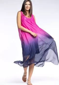 Rochie lunga fara maneci din matase naturala in degrade fucsia - bleumarin imagine