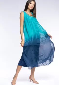 Rochie lunga fara maneci din matase naturala in degrade turcoaz-albastru imagine