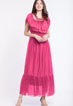 Rochie lunga, fucsia, din matase naturala, cu volan pe umeri imagine