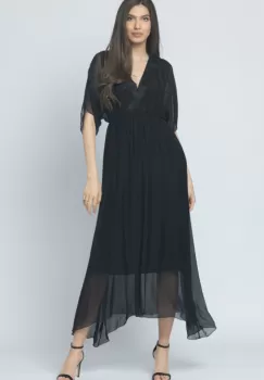 Rochie lunga in colturi, din matase naturala, cu bust petrecut, neagra imagine