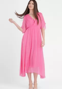 Rochie lunga in colturi, din matase naturala, cu bust petrecut, roz fucsia imagine