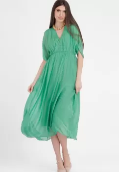 Rochie lunga in colturi, din matase naturala, cu bust petrecut, verde imagine