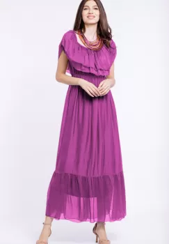 Rochie lunga, magenta, din matase naturala, cu volan pe umeri imagine