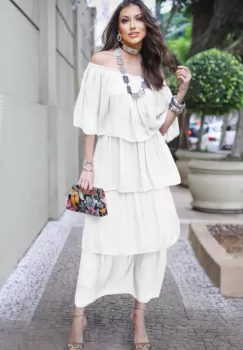 Rochie lunga suprapusa din matase naturala, cu trei volane mari si elastic pe umeri, alba imagine