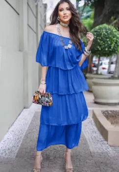 Rochie lunga suprapusa din matase naturala, cu trei volane mari si elastic pe umeri, albastra imagine