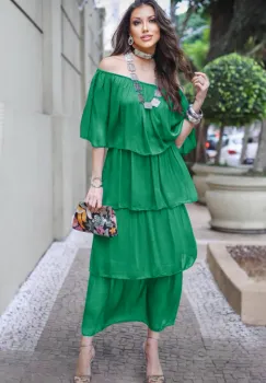 Rochie lunga suprapusa din matase naturala, cu trei volane mari si elastic pe umeri,verde imagine