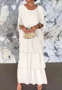 Rochie lunga suprapusa din matase naturala, cu trei volane mari si maneca cazuta, alba imagine