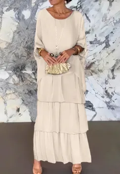 Rochie lunga suprapusa din matase naturala, cu trei volane mari si maneca cazuta, bej imagine