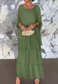 Rochie lunga suprapusa din matase naturala, cu trei volane mari si maneca cazuta, kaki imagine