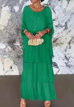 Rochie lunga suprapusa din matase naturala, cu trei volane mari si maneca cazuta, verde imagine