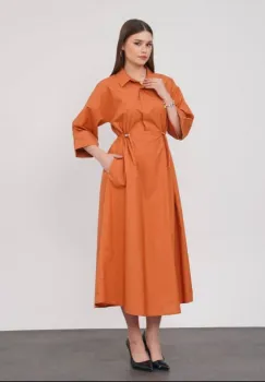 Rochie lunga tip camasa din poplin satinat de bumbac, caramizie imagine