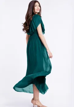 Rochie lunga, turcoaz inchis, din matase naturala, cu volan pe umeri imagine