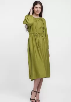 Rochie lunga verde oliv, cu boboci, stransa in talie, din vascoza imagine