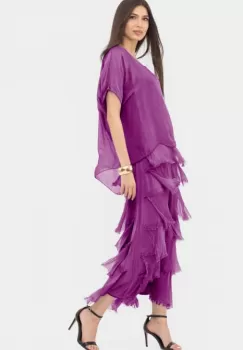 Rochie magenta din matase naturala cu volane franjurate suprapuse imagine