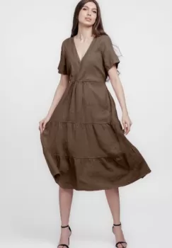 Rochie maro din in cu volane si bust petrecut imagine