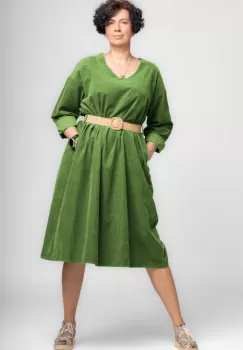 Rochie midi A-line din catifea reiata, cu curea, verde olive imagine