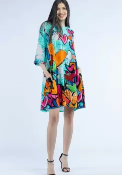 Rochie midi A-line din vascoza cu imprimeu inimi pe fond turcoaz imagine