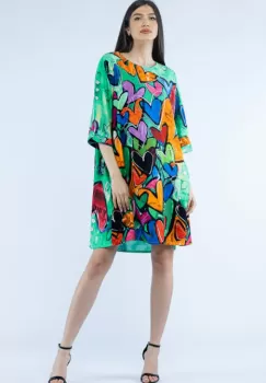 Rochie midi A-line din vascoza cu imprimeu inimi pe fond verde imagine