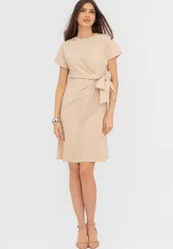 Rochie midi bej din vascoza, petrecuta pe talie imagine