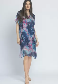 Rochie midi, cu imprimeu abstract albastru-fucsia, din matase naturala imagine