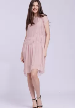 Rochie midi cu volan, din matase naturala roz prafuit imagine