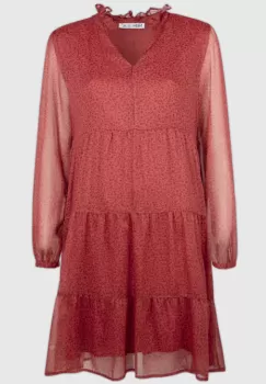 Rochie midi cu volane rosu-caramiziu si imprimeu floricele imagine