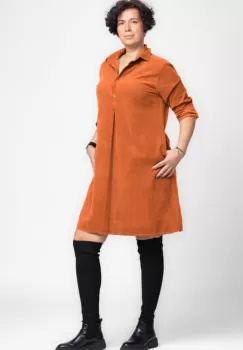 Rochie midi din catifea reiata cu guler camasa, caramiziu imagine