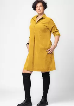 Rochie midi din catifea reiata cu guler camasa, galben mustar imagine