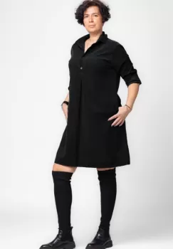 Rochie midi din catifea reiata cu guler camasa, neagra imagine