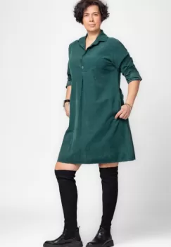 Rochie midi din catifea reiata cu guler camasa, verde imagine