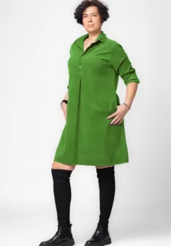 Rochie midi din catifea reiata cu guler camasa, verde olive imagine