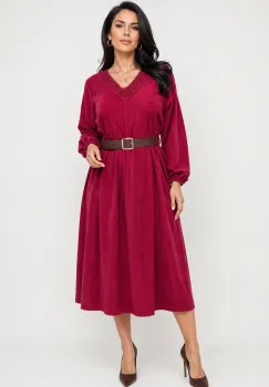 Rochie midi din catifea reiata de bumbac cu dantela si curea, bordo imagine