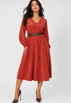 Rochie midi din catifea reiata de bumbac cu dantela si curea, caramizie imagine