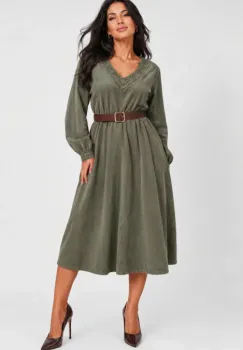 Rochie midi din catifea reiata de bumbac cu dantela si curea, kaki imagine