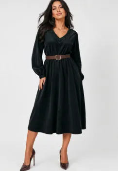 Rochie midi din catifea reiata de bumbac cu dantela si curea, neagra imagine